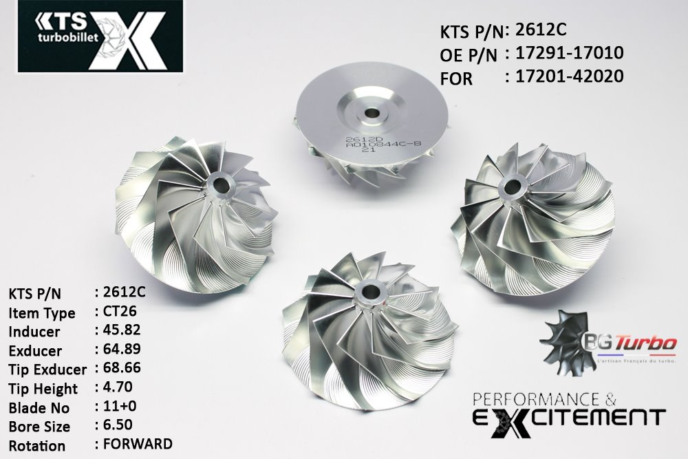 Turbo ROUE FORGÉE MFS PERFORMANCE - 11+0 PALES - INDUCER : 45,82 - EXDUCER : 64,89 - TYPE : CT26ANGLE : 40° - ROTATION : Forward - SUPER BACK : -1,37 - BORE SIZE : 6,5
